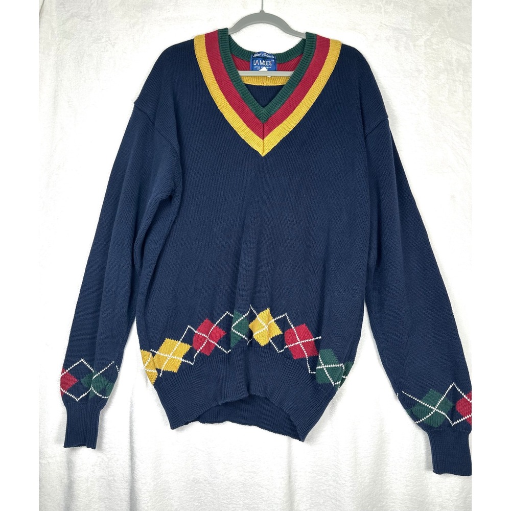 Vintage La Mode Argyle Sweater Mens XL Intarsia Preppy Varsity Grandpa Golf 90s